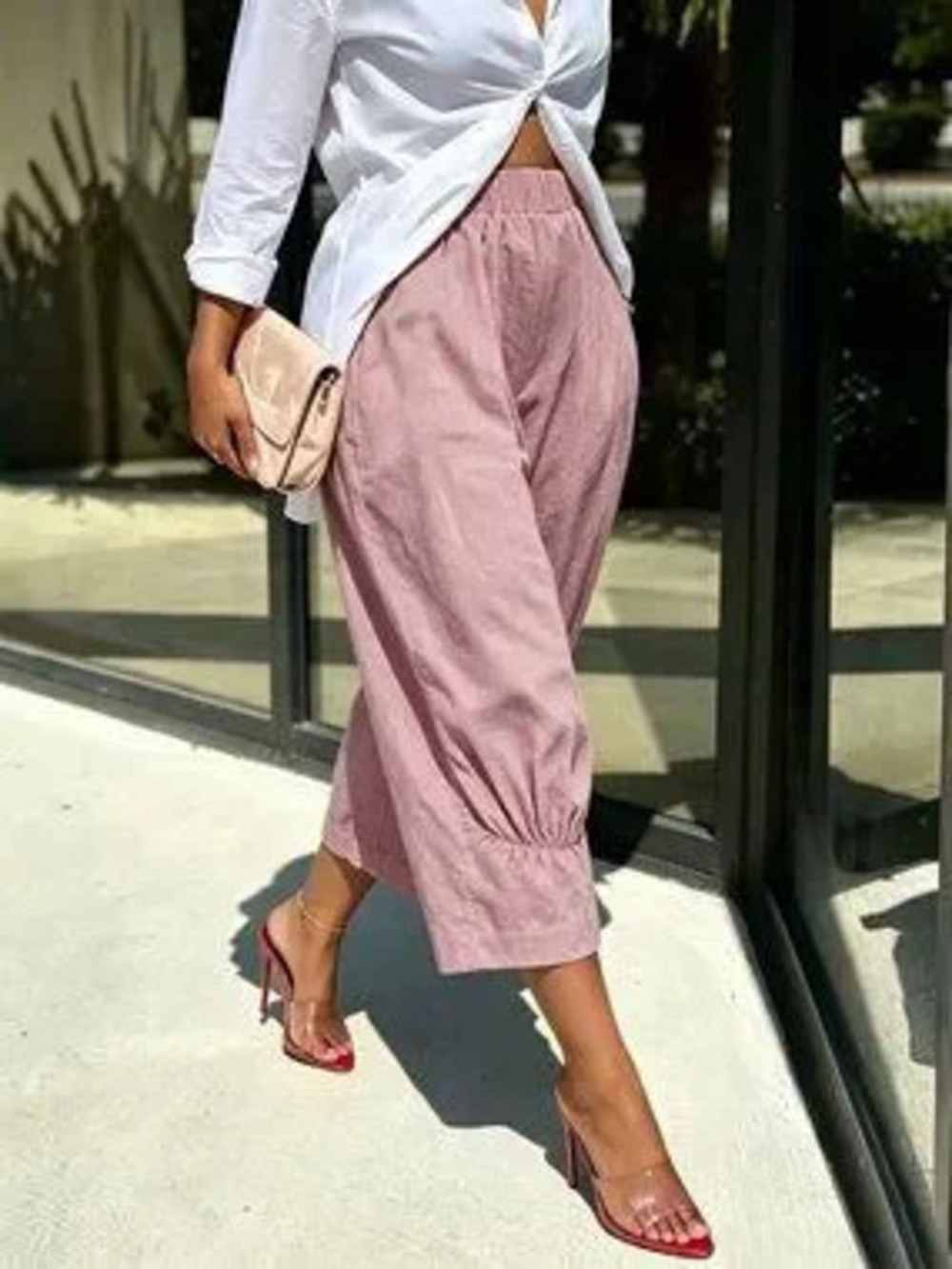 Pink Casual Women's Colorblock Ruched Pocket Elastic Waist Capri Bermuda Pants